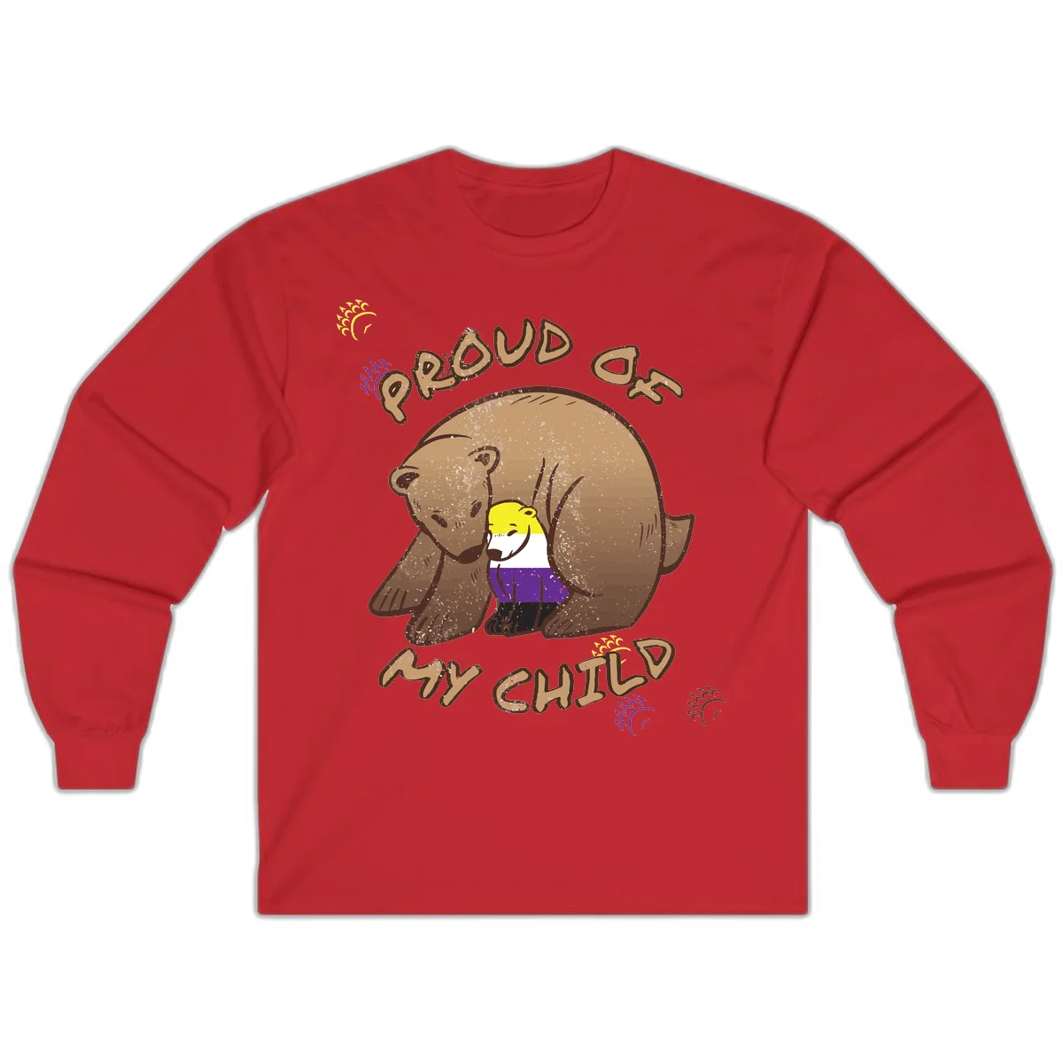 Illustration of a large brown bear's head in profile containing a small figure wearing pride flag colors, with text reading 'Proud As Child' in Red