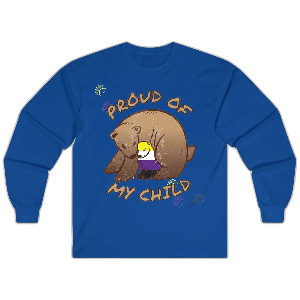 Illustration of a large brown bear's head in profile containing a small figure wearing pride flag colors, with text reading 'Proud As Child' in Royal