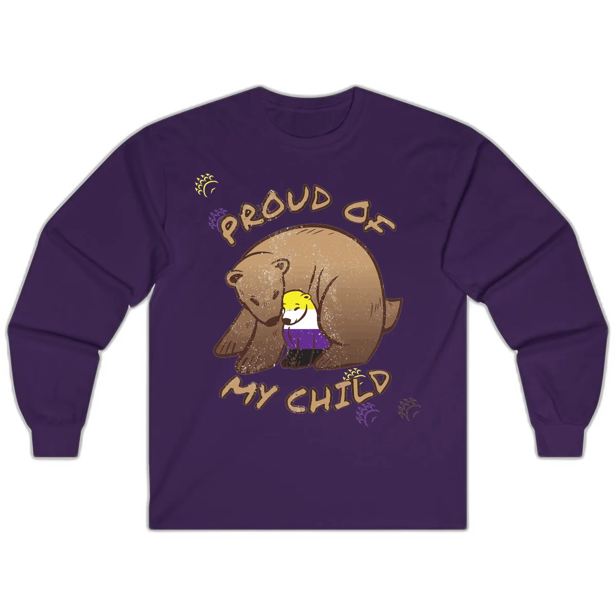 Illustration of a large brown bear's head in profile containing a small figure wearing pride flag colors, with text reading 'Proud As Child' in Purple