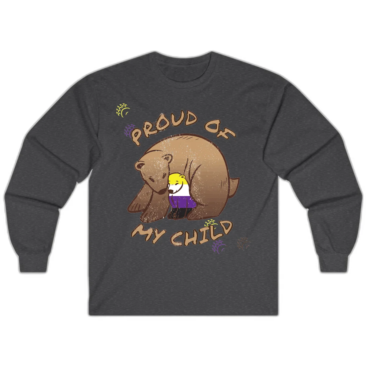 Illustration of a large brown bear's head in profile containing a small figure wearing pride flag colors, with text reading 'Proud As Child' in Dark Heather