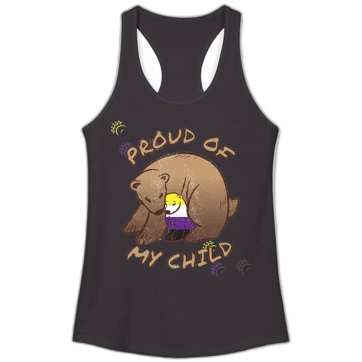 Illustration of a large brown bear's head in profile containing a small figure wearing pride flag colors, with text reading 'Proud As Child' in Black