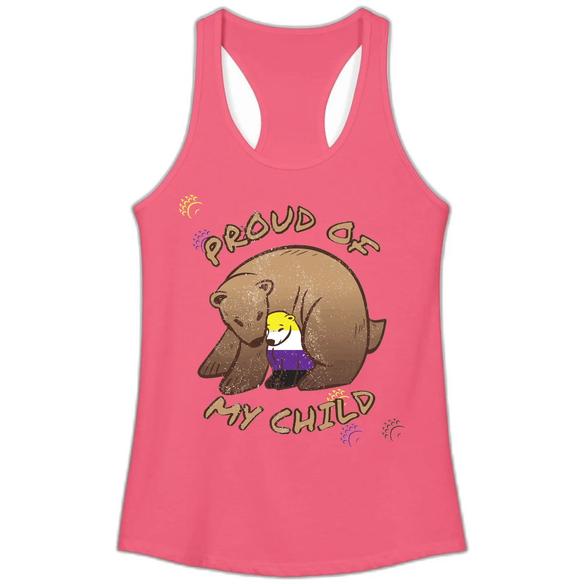 Illustration of a large brown bear's head in profile containing a small figure wearing pride flag colors, with text reading 'Proud As Child' in Hot Pink