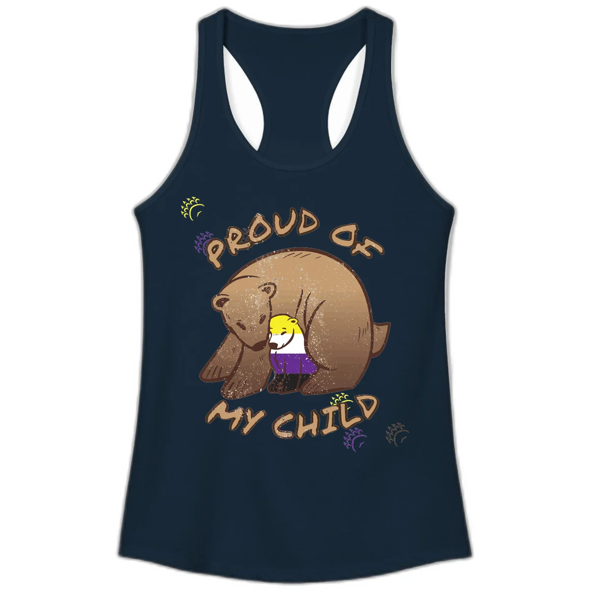 Illustration of a large brown bear's head in profile containing a small figure wearing pride flag colors, with text reading 'Proud As Child' in Solid Midnight Navy