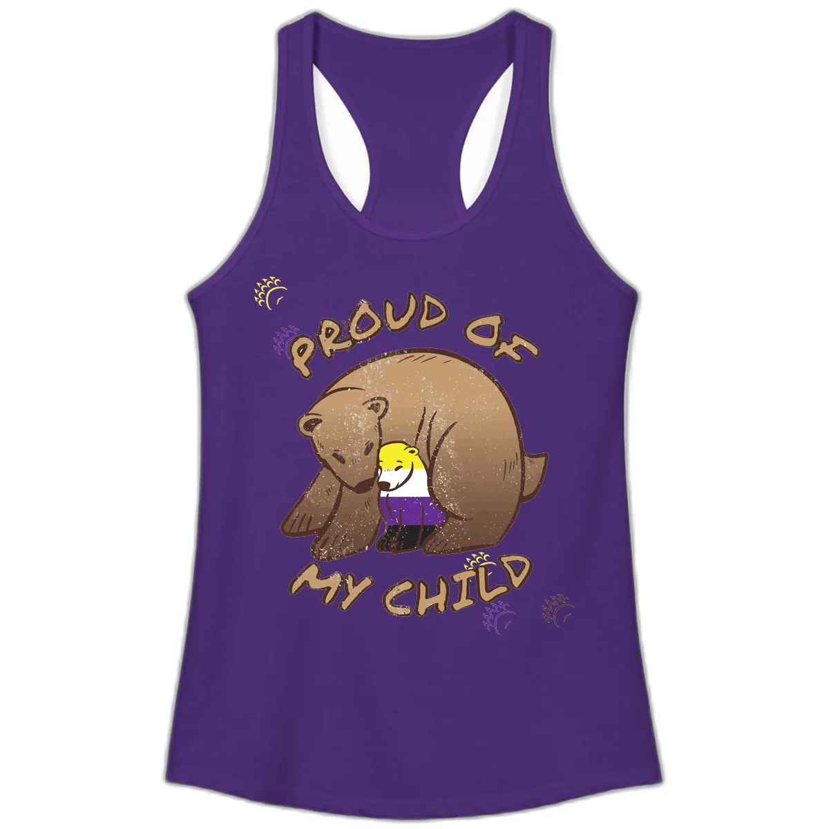 Illustration of a large brown bear's head in profile containing a small figure wearing pride flag colors, with text reading 'Proud As Child' in Solid Purple Rush