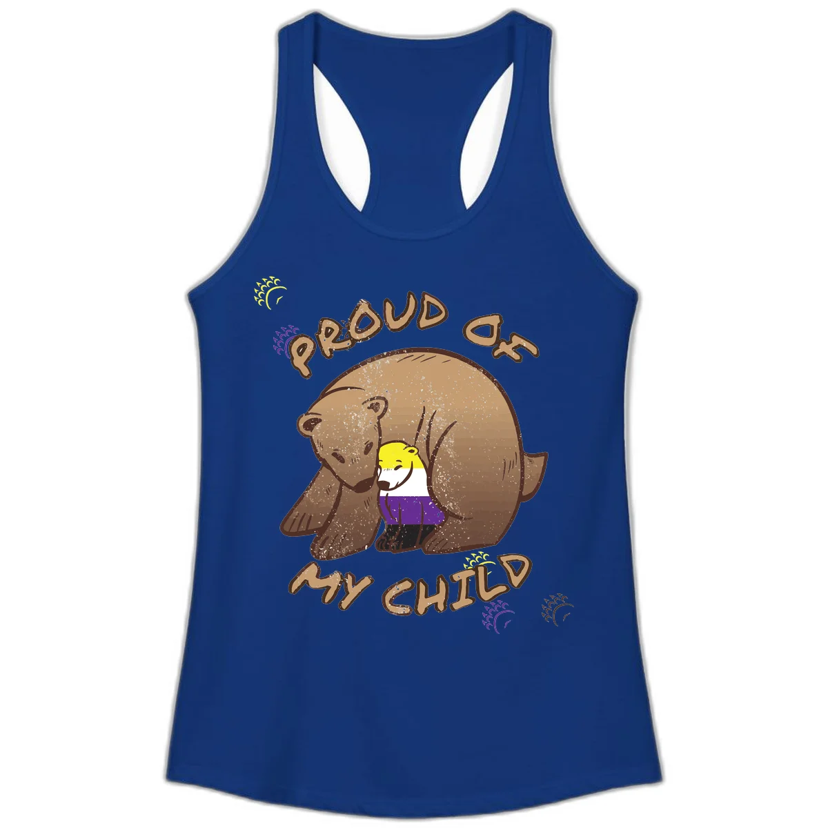 Illustration of a large brown bear's head in profile containing a small figure wearing pride flag colors, with text reading 'Proud As Child' in Solid Royal
