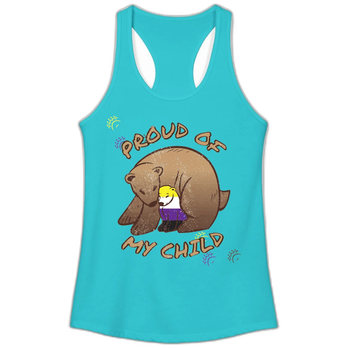 Illustration of a large brown bear's head in profile containing a small figure wearing pride flag colors, with text reading 'Proud As Child' in Solid Tahiti Blue