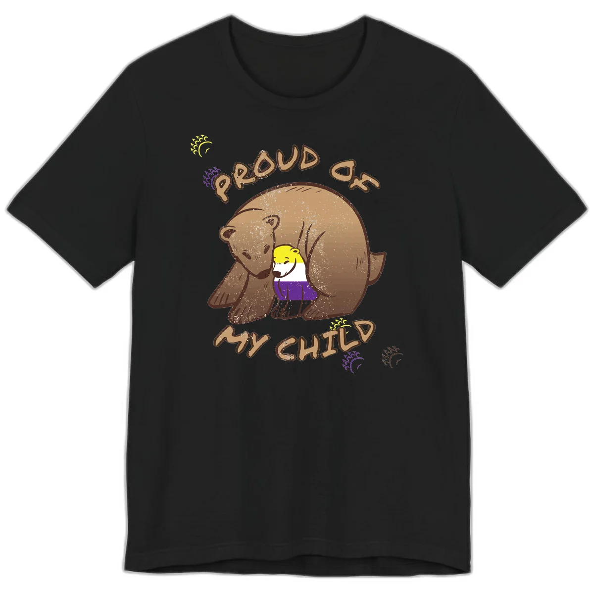 Illustration of a large brown bear's head in profile containing a small figure wearing pride flag colors, with text reading 'Proud As Child' in Black