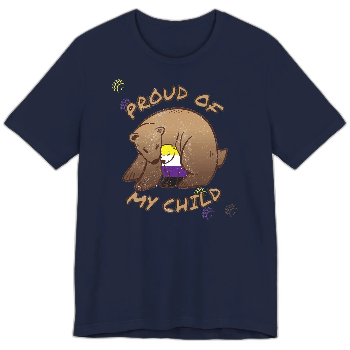 Illustration of a large brown bear's head in profile containing a small figure wearing pride flag colors, with text reading 'Proud As Child' in Navy