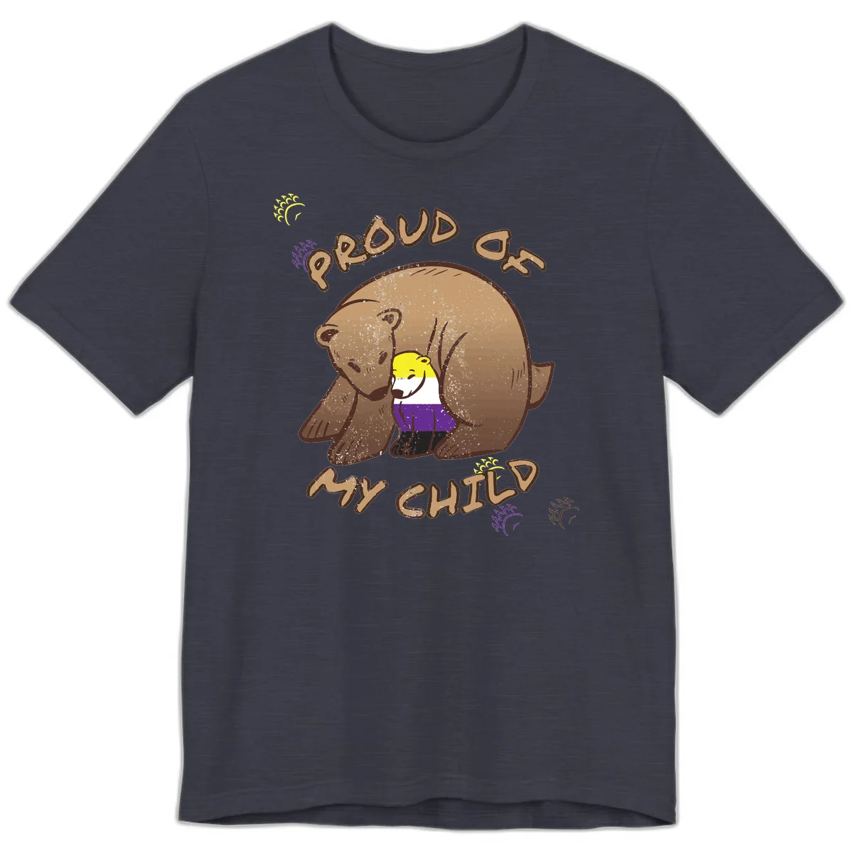 Illustration of a large brown bear's head in profile containing a small figure wearing pride flag colors, with text reading 'Proud As Child' in Heather Midnight Navy