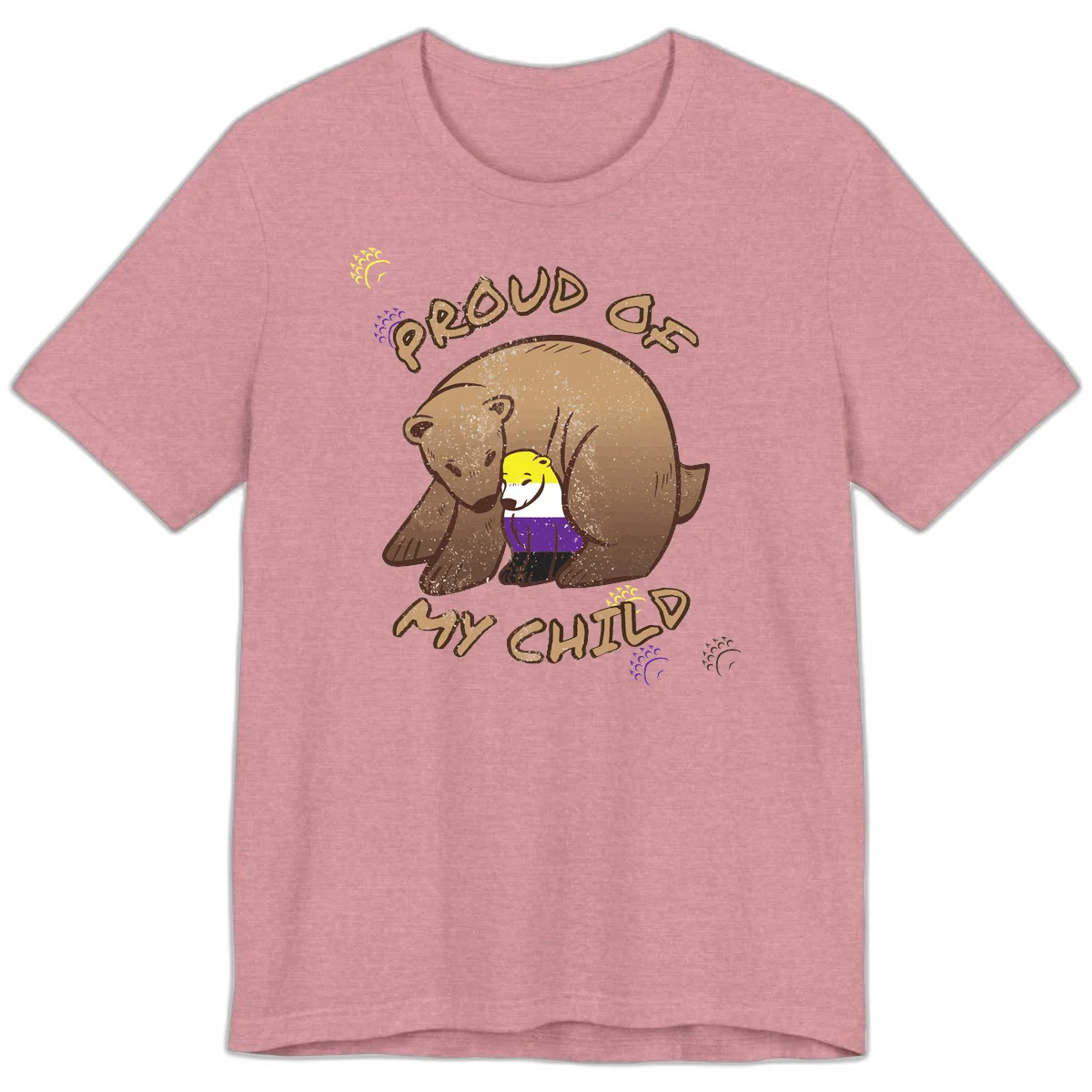 Illustration of a large brown bear's head in profile containing a small figure wearing pride flag colors, with text reading 'Proud As Child' in Heather Orchid