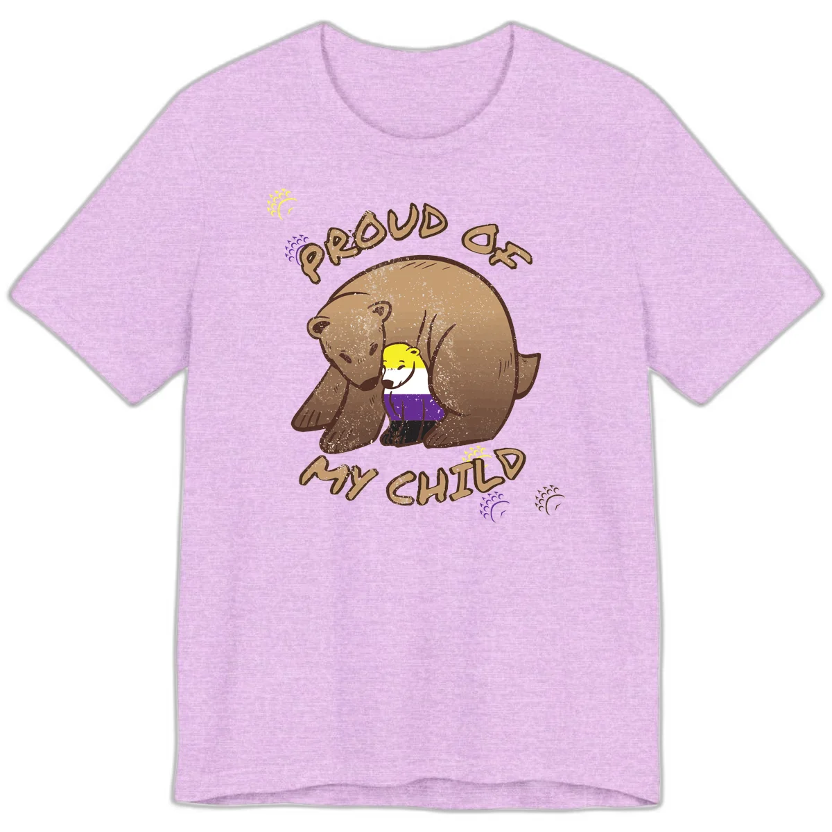 Illustration of a large brown bear's head in profile containing a small figure wearing pride flag colors, with text reading 'Proud As Child' in Heather Prism Lilac