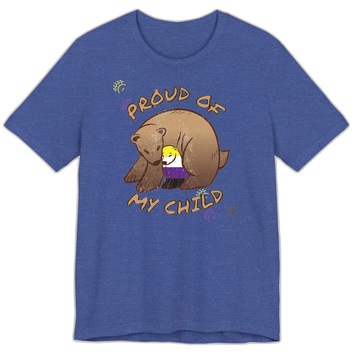 Illustration of a large brown bear's head in profile containing a small figure wearing pride flag colors, with text reading 'Proud As Child' in Heather True Royal