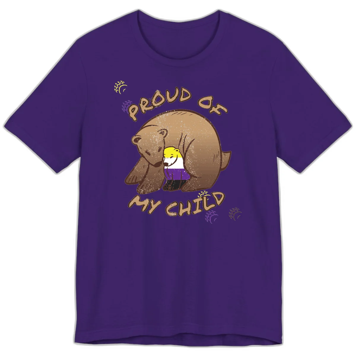 Illustration of a large brown bear's head in profile containing a small figure wearing pride flag colors, with text reading 'Proud As Child' in Team Purple
