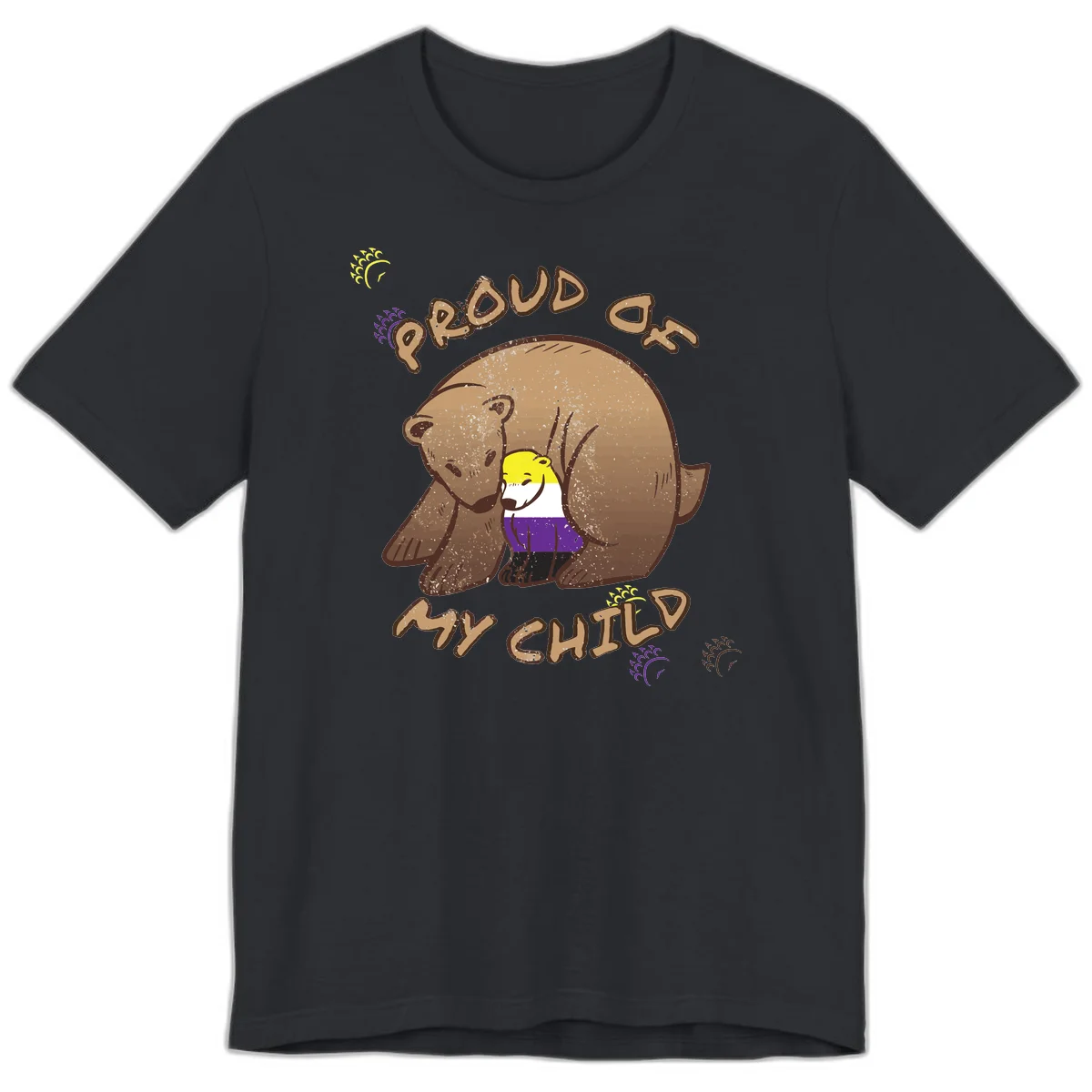 Illustration of a large brown bear's head in profile containing a small figure wearing pride flag colors, with text reading 'Proud As Child' in Vintage Black