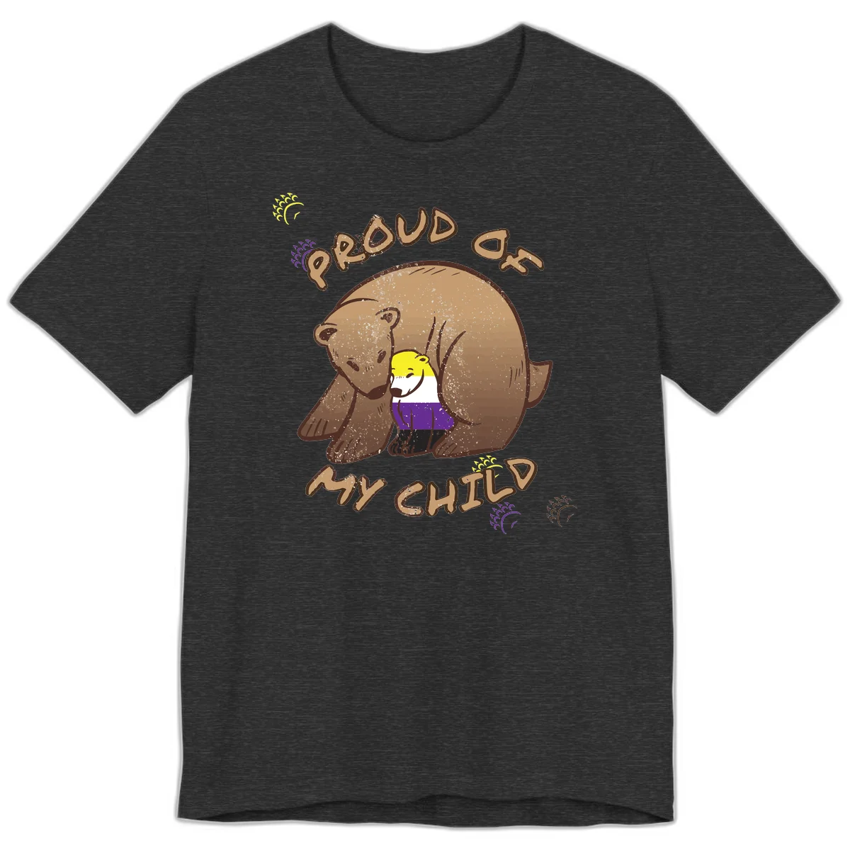 Illustration of a large brown bear's head in profile containing a small figure wearing pride flag colors, with text reading 'Proud As Child' in Dark Grey Heather