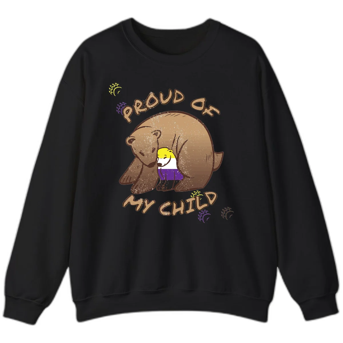 Illustration of a large brown bear's head in profile containing a small figure wearing pride flag colors, with text reading 'Proud As Child' in Black