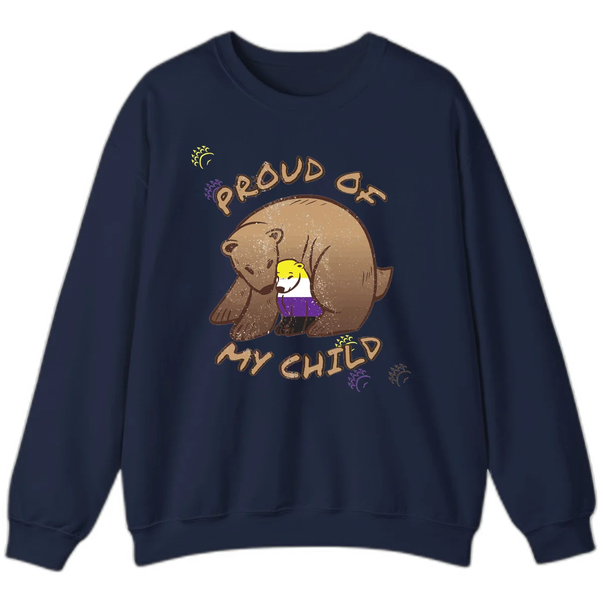 Illustration of a large brown bear's head in profile containing a small figure wearing pride flag colors, with text reading 'Proud As Child' in Navy