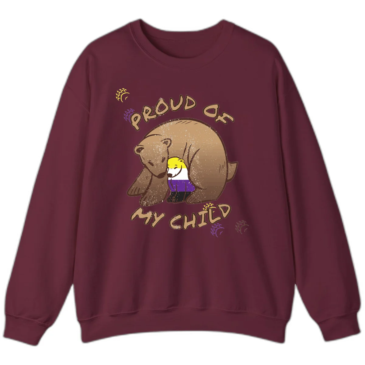 Illustration of a large brown bear's head in profile containing a small figure wearing pride flag colors, with text reading 'Proud As Child' in Maroon