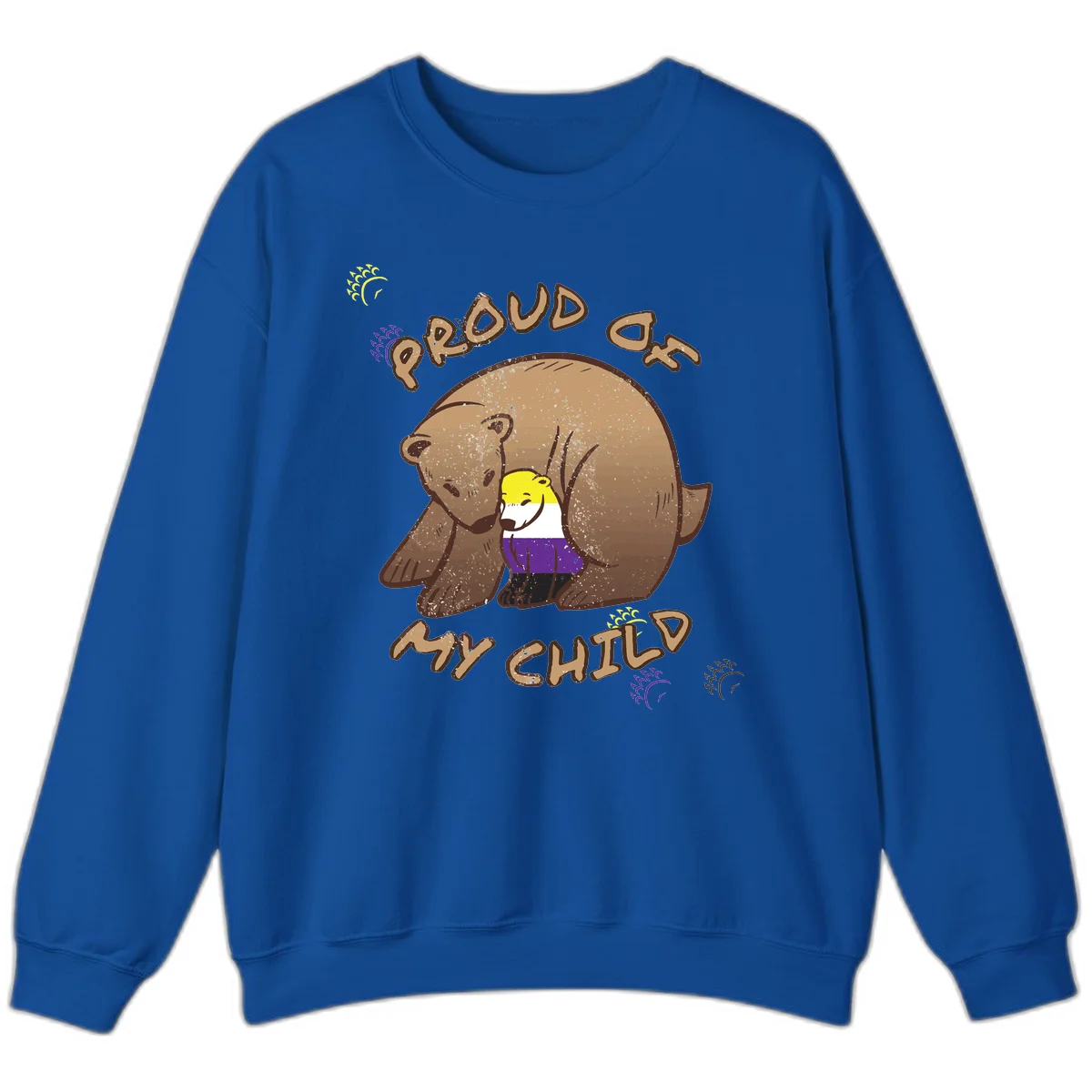 Illustration of a large brown bear's head in profile containing a small figure wearing pride flag colors, with text reading 'Proud As Child' in Royal