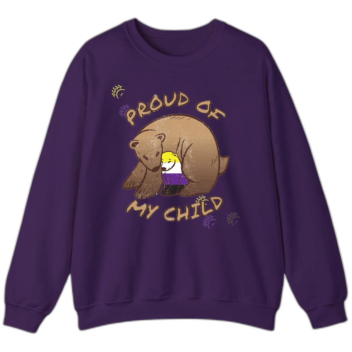 Illustration of a large brown bear's head in profile containing a small figure wearing pride flag colors, with text reading 'Proud As Child' in Purple