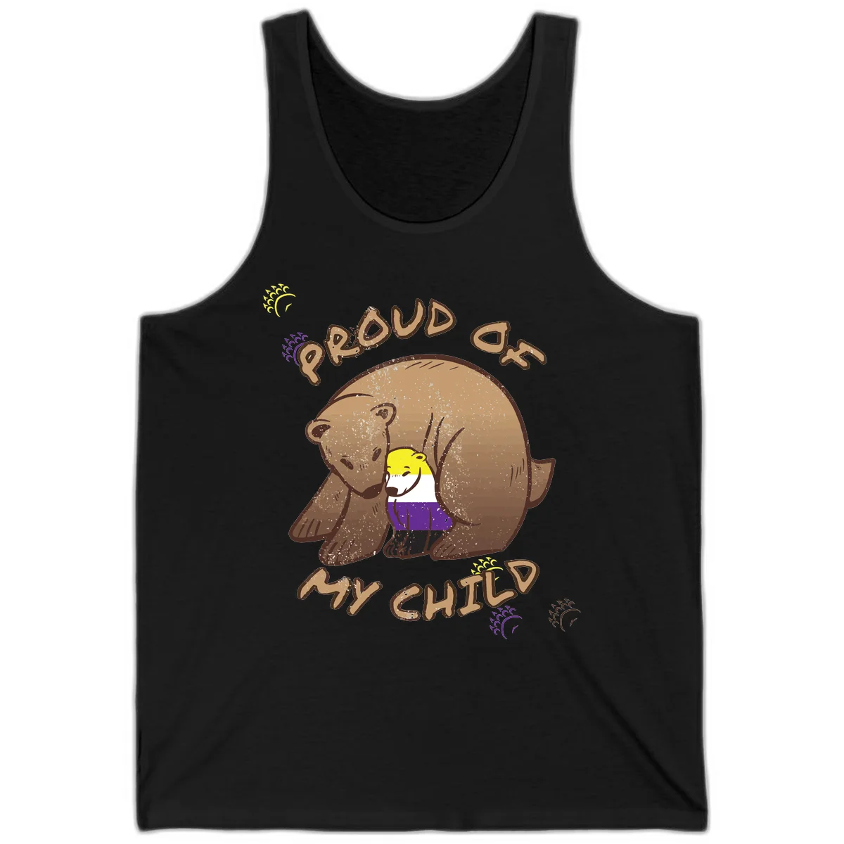 Illustration of a large brown bear's head in profile containing a small figure wearing pride flag colors, with text reading 'Proud As Child' in Black