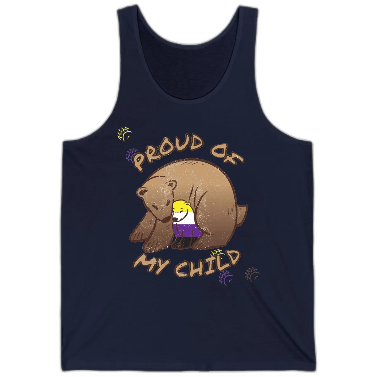 Illustration of a large brown bear's head in profile containing a small figure wearing pride flag colors, with text reading 'Proud As Child' in Navy