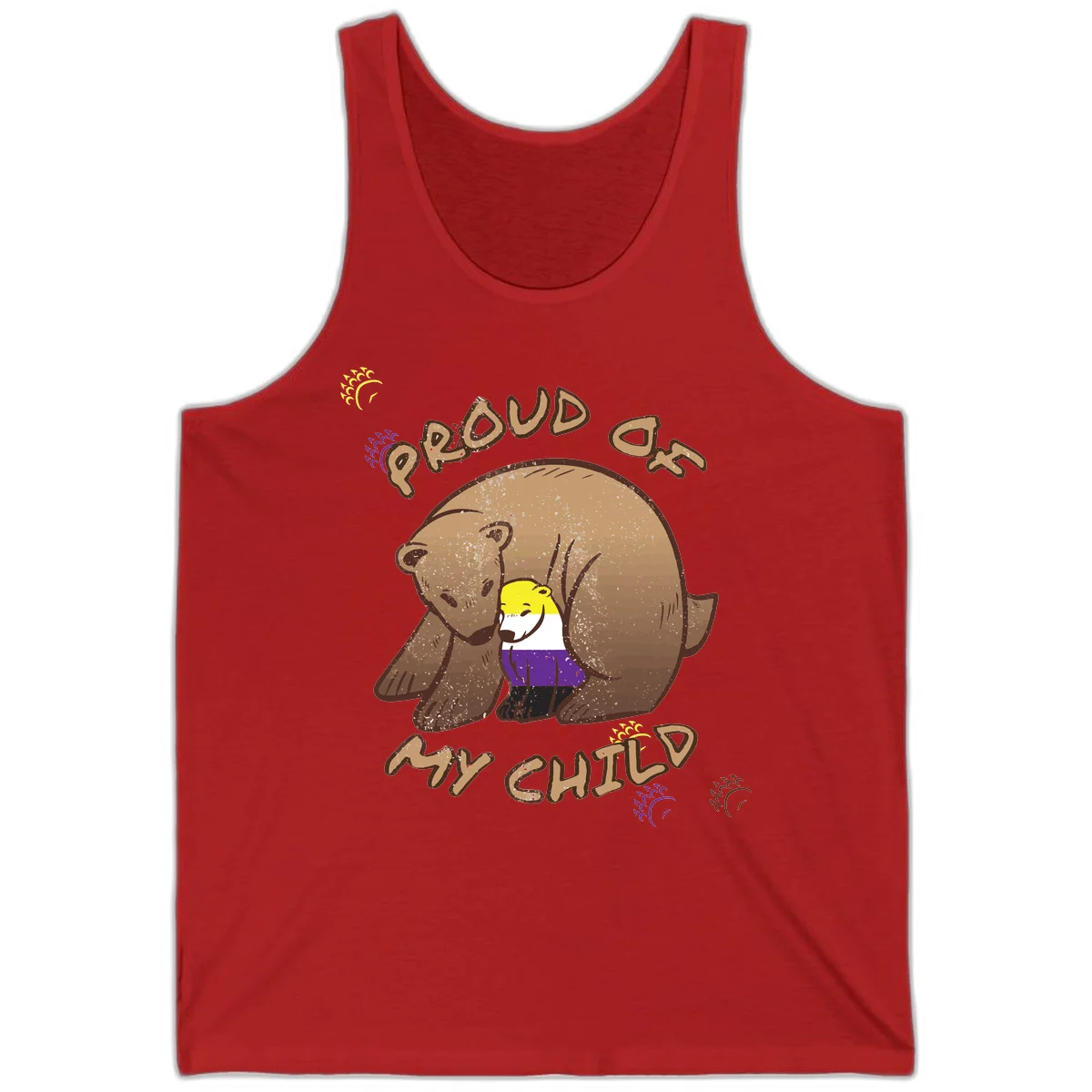 Illustration of a large brown bear's head in profile containing a small figure wearing pride flag colors, with text reading 'Proud As Child' in Red