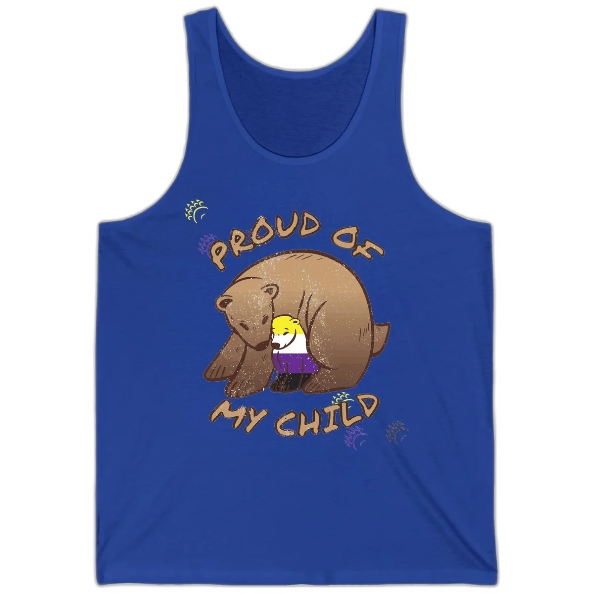 Illustration of a large brown bear's head in profile containing a small figure wearing pride flag colors, with text reading 'Proud As Child' in True Royal