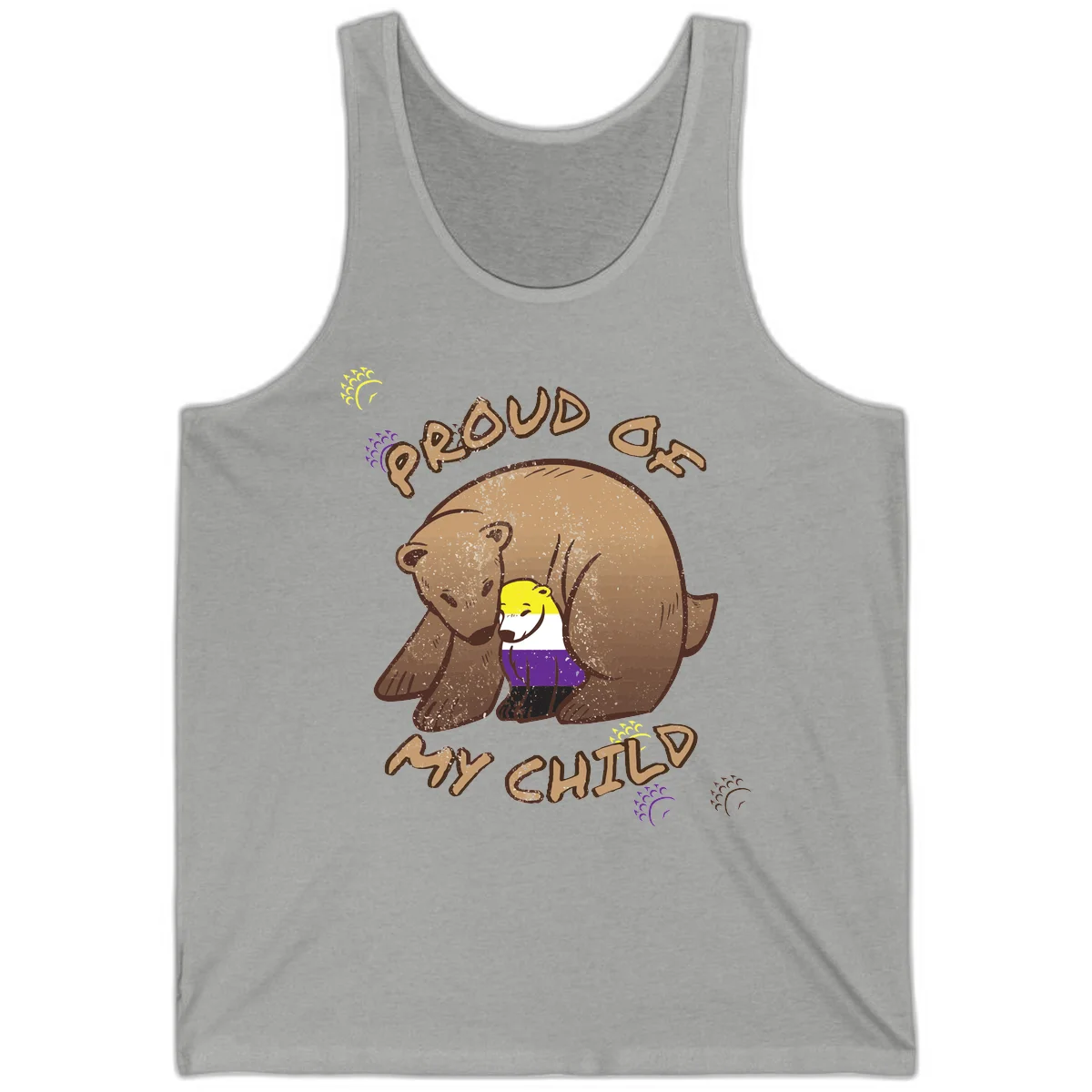 Illustration of a large brown bear's head in profile containing a small figure wearing pride flag colors, with text reading 'Proud As Child' in Athletic Heather