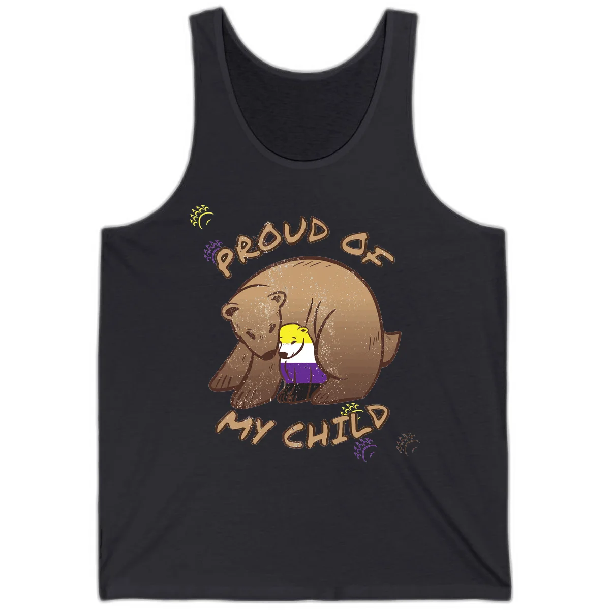 Illustration of a large brown bear's head in profile containing a small figure wearing pride flag colors, with text reading 'Proud As Child' in Dark Grey