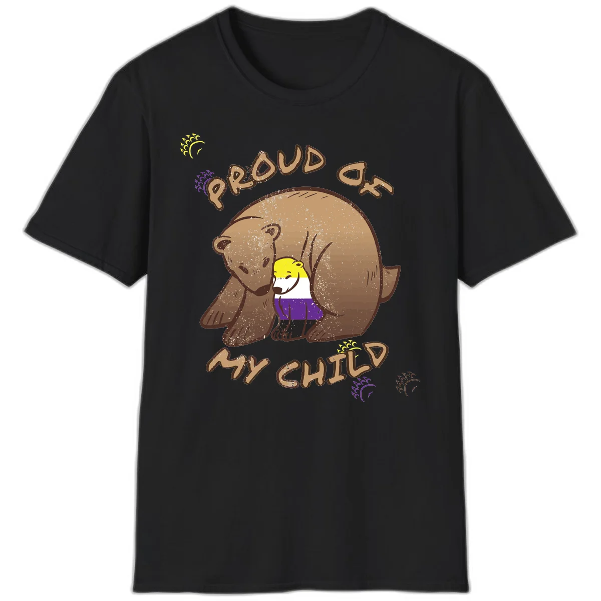Illustration of a large brown bear's head in profile containing a small figure wearing pride flag colors, with text reading 'Proud As Child' in Black