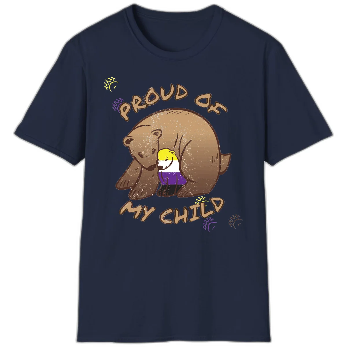 Illustration of a large brown bear's head in profile containing a small figure wearing pride flag colors, with text reading 'Proud As Child' in Navy