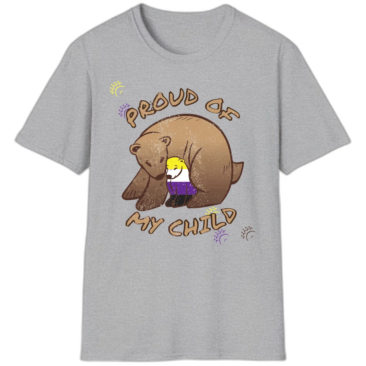 Illustration of a large brown bear's head in profile containing a small figure wearing pride flag colors, with text reading 'Proud As Child' in Sport Grey