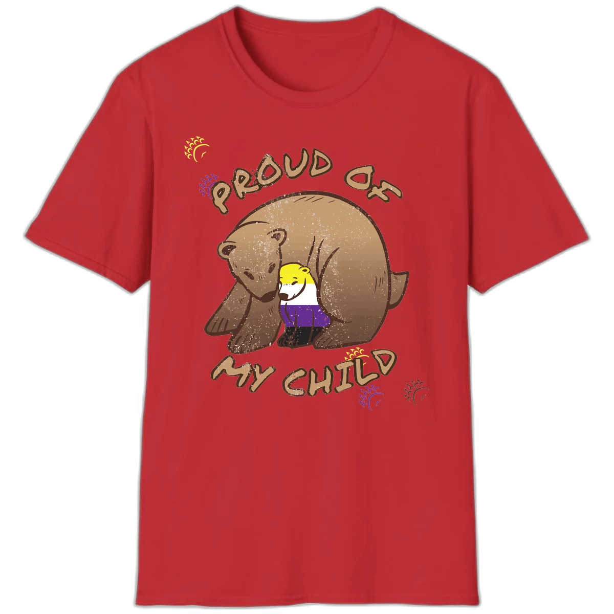 Illustration of a large brown bear's head in profile containing a small figure wearing pride flag colors, with text reading 'Proud As Child' in Red