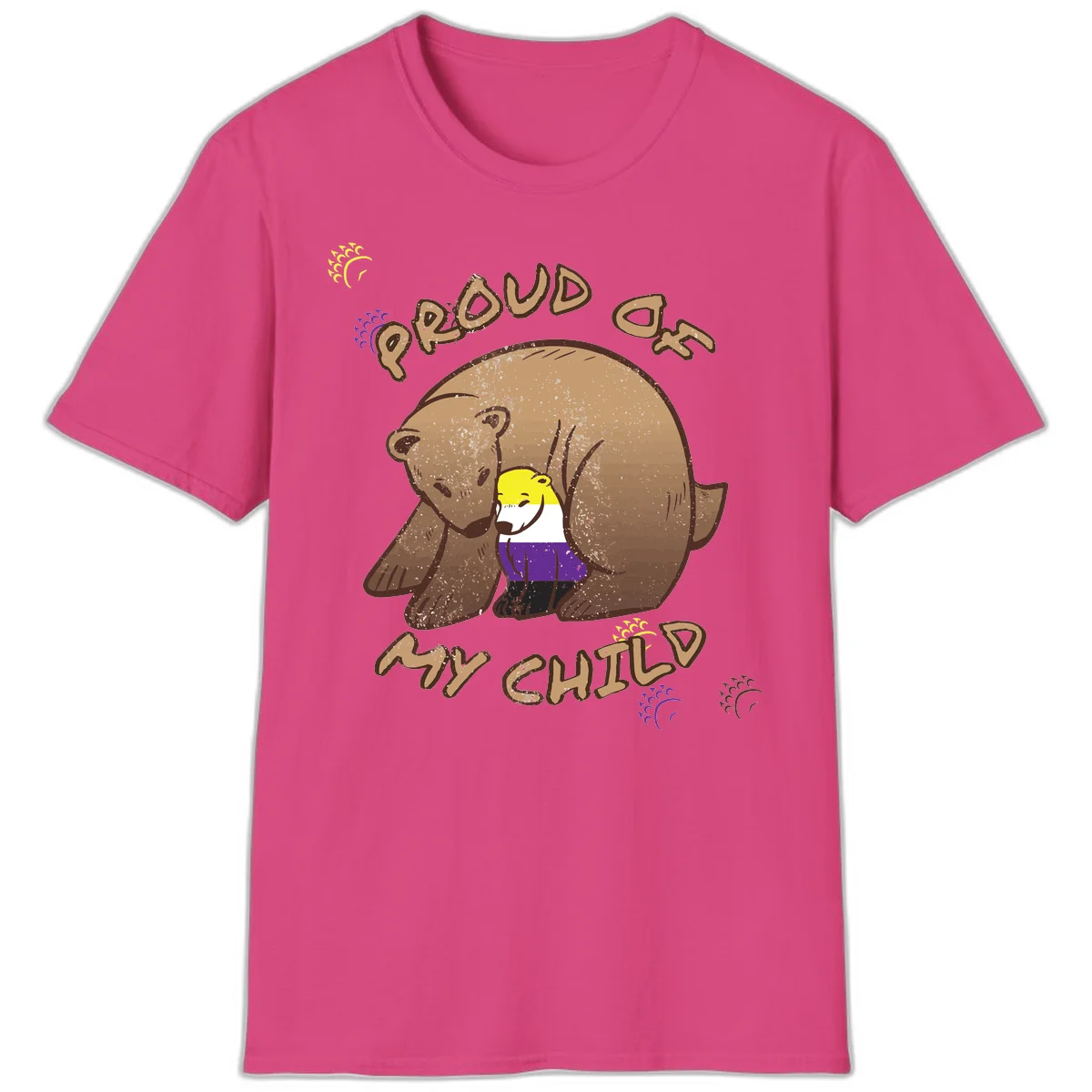 Illustration of a large brown bear's head in profile containing a small figure wearing pride flag colors, with text reading 'Proud As Child' in Heliconia