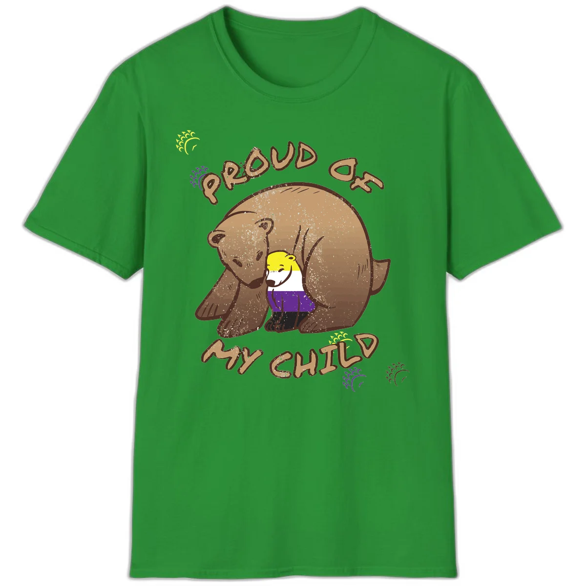 Illustration of a large brown bear's head in profile containing a small figure wearing pride flag colors, with text reading 'Proud As Child' in Irish Green