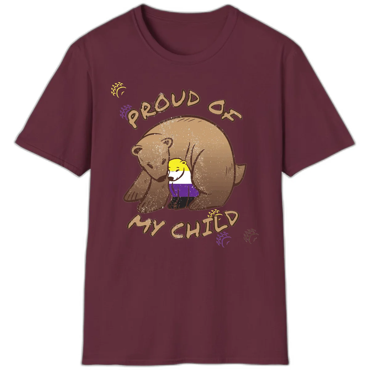 Illustration of a large brown bear's head in profile containing a small figure wearing pride flag colors, with text reading 'Proud As Child' in Maroon