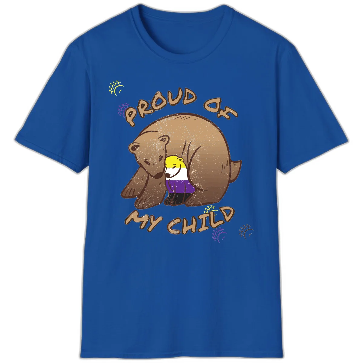 Illustration of a large brown bear's head in profile containing a small figure wearing pride flag colors, with text reading 'Proud As Child' in Royal