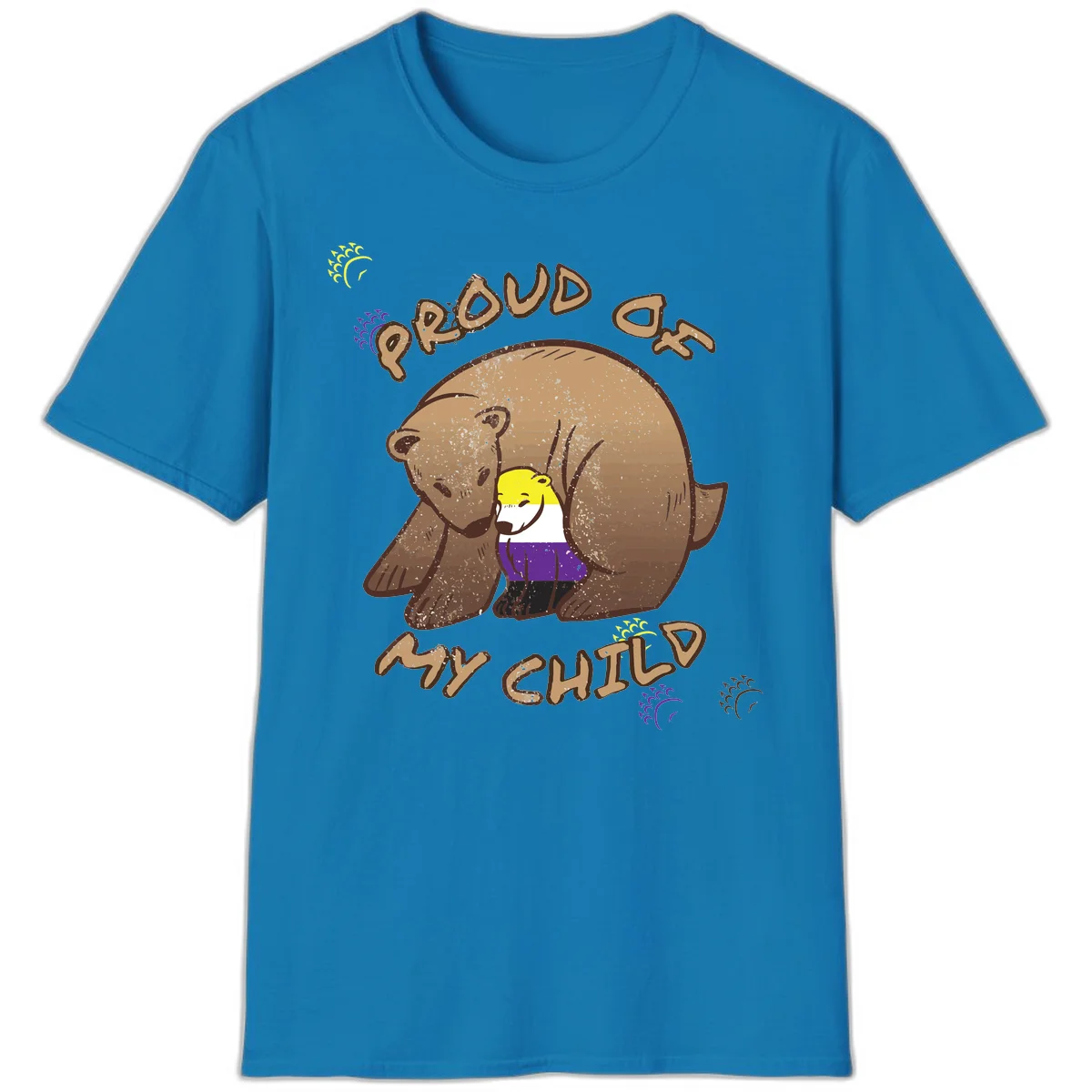 Illustration of a large brown bear's head in profile containing a small figure wearing pride flag colors, with text reading 'Proud As Child' in Sapphire