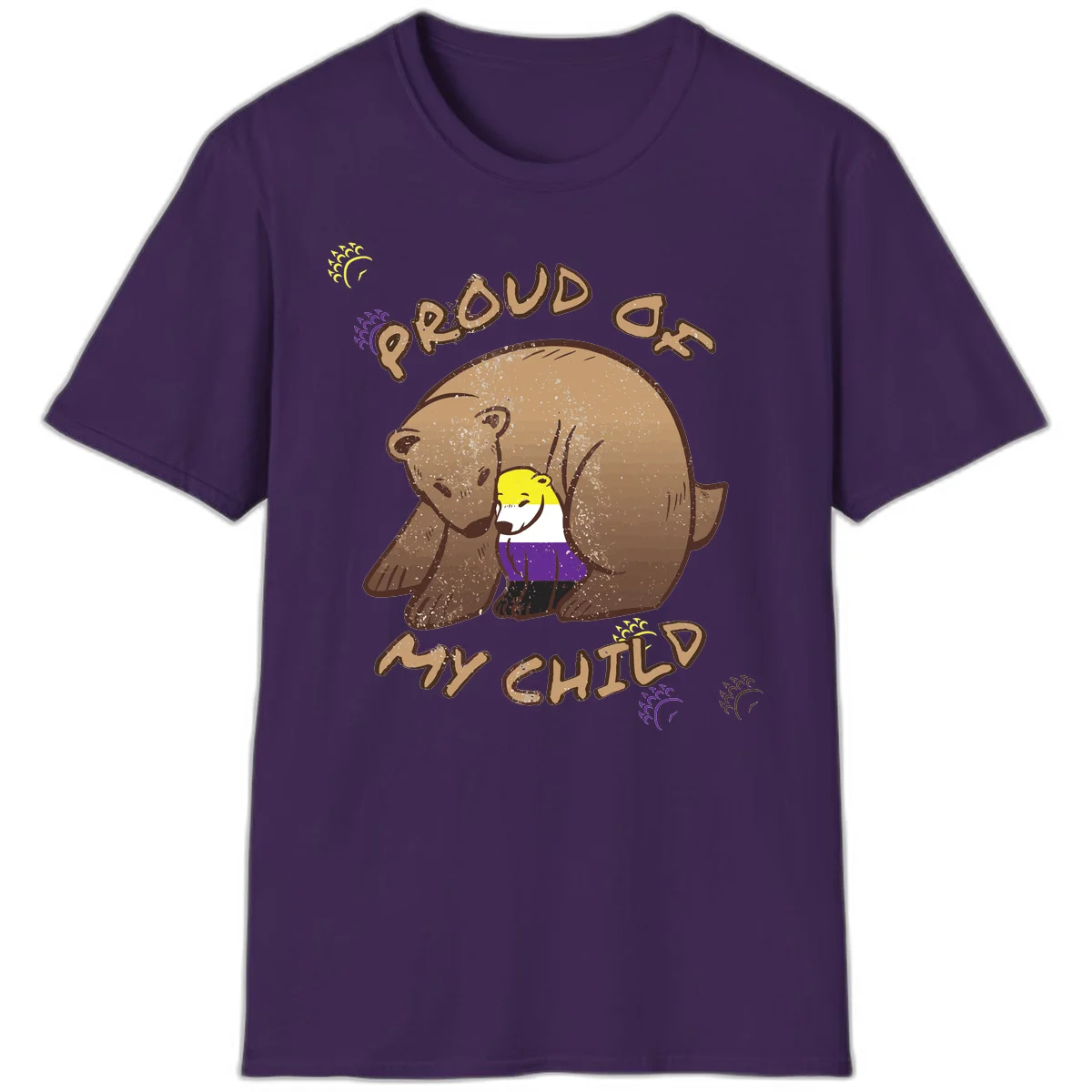 Illustration of a large brown bear's head in profile containing a small figure wearing pride flag colors, with text reading 'Proud As Child' in Purple