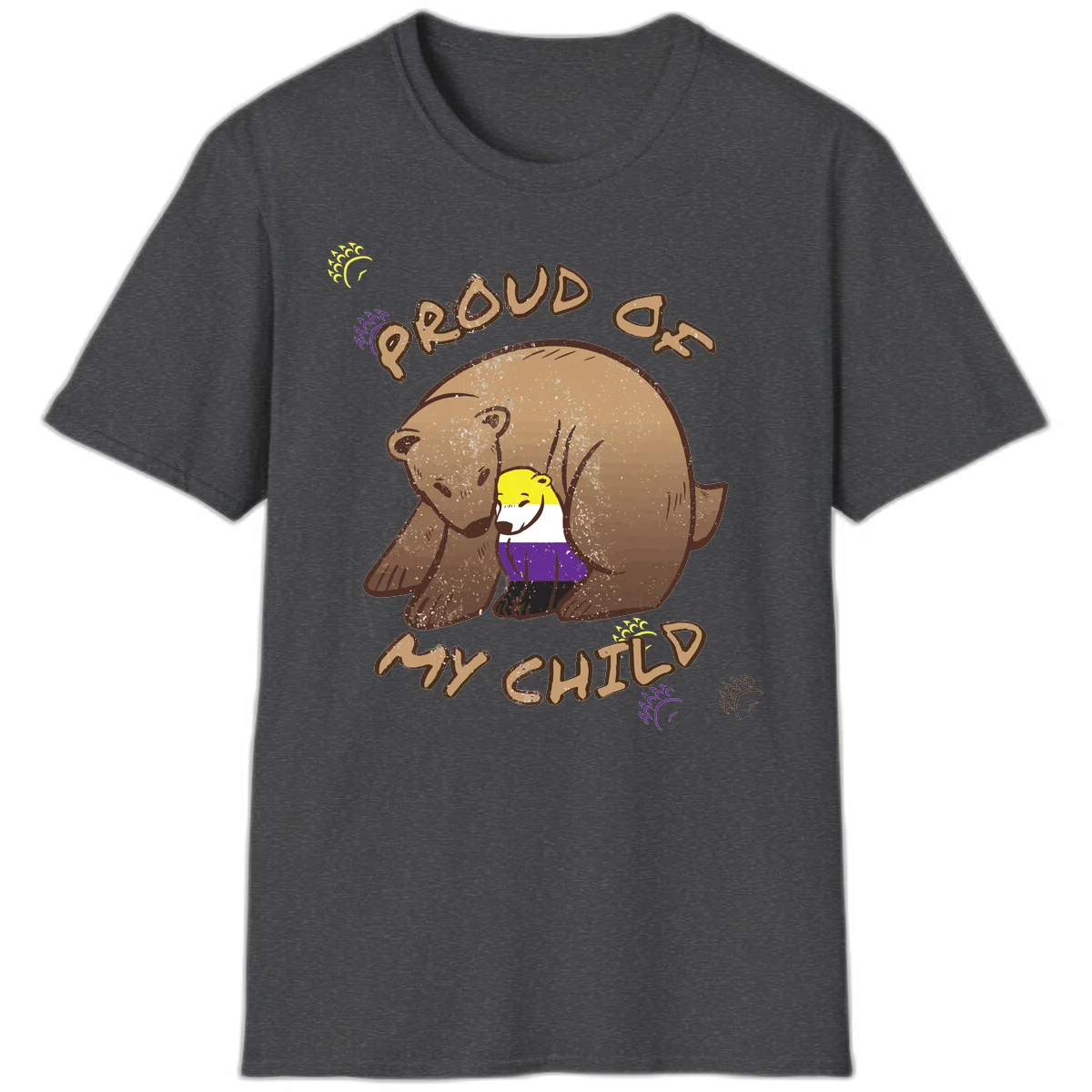 Illustration of a large brown bear's head in profile containing a small figure wearing pride flag colors, with text reading 'Proud As Child' in Dark Heather