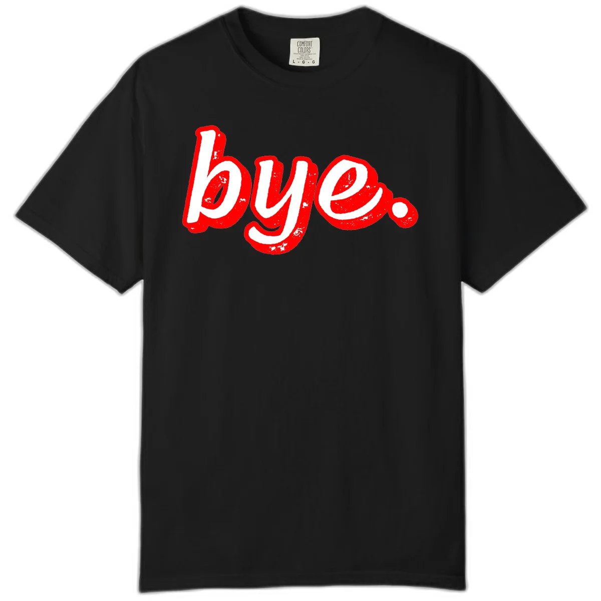 Bold red graffiti-style 'bye.' text with distressed texture and white lettering on gray background in Black