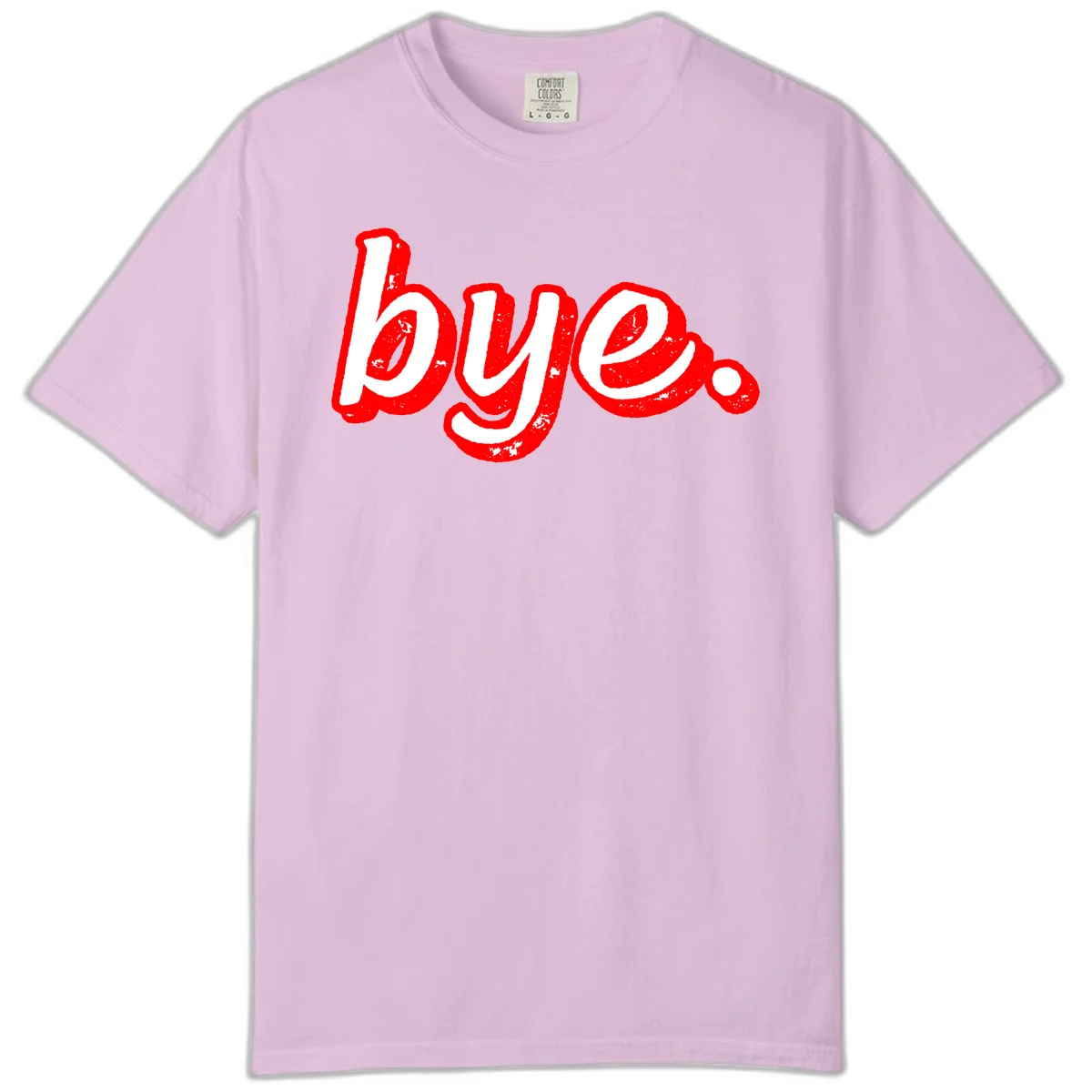 Bold red graffiti-style 'bye.' text with distressed texture and white lettering on gray background in Orchid