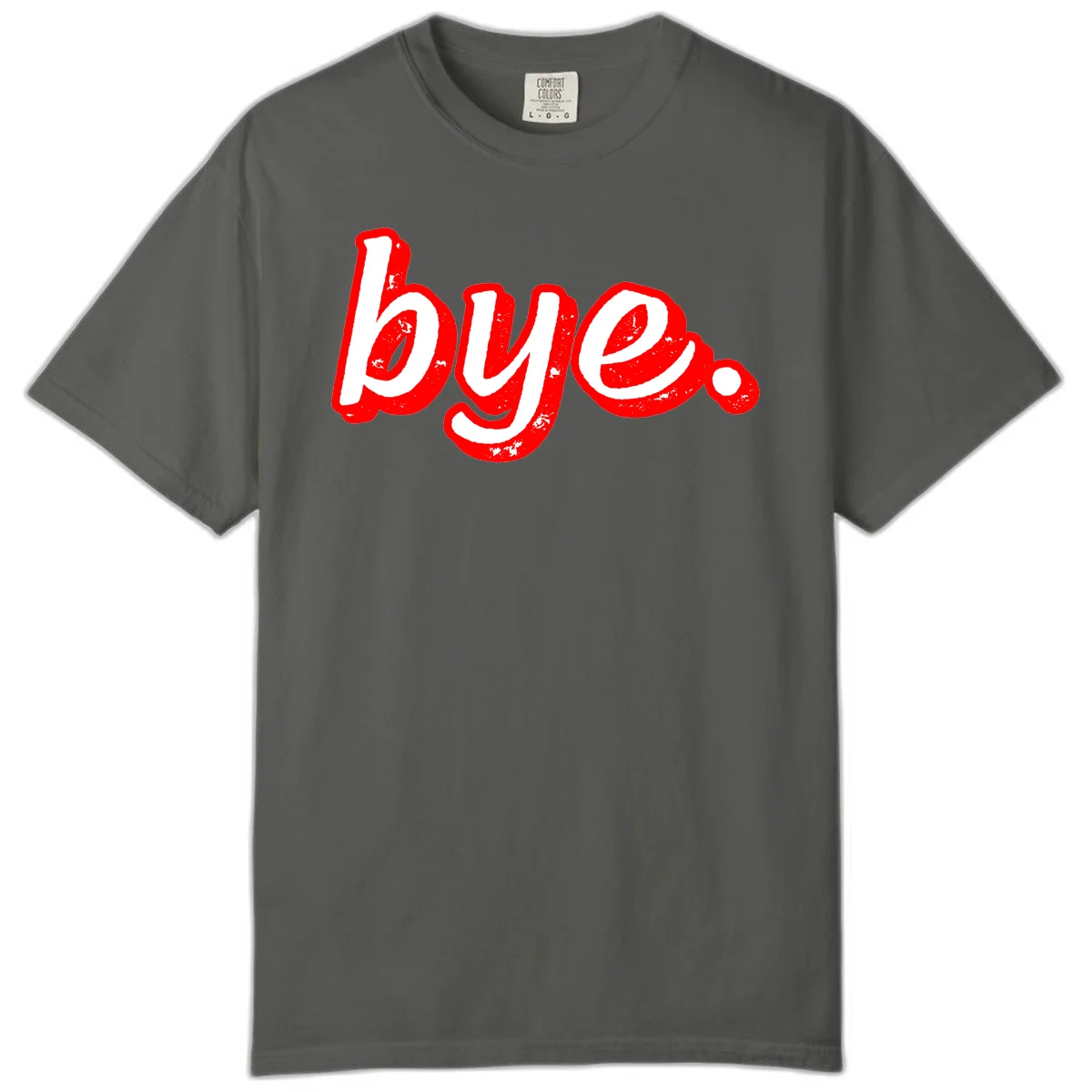 Bold red graffiti-style 'bye.' text with distressed texture and white lettering on gray background in Pepper