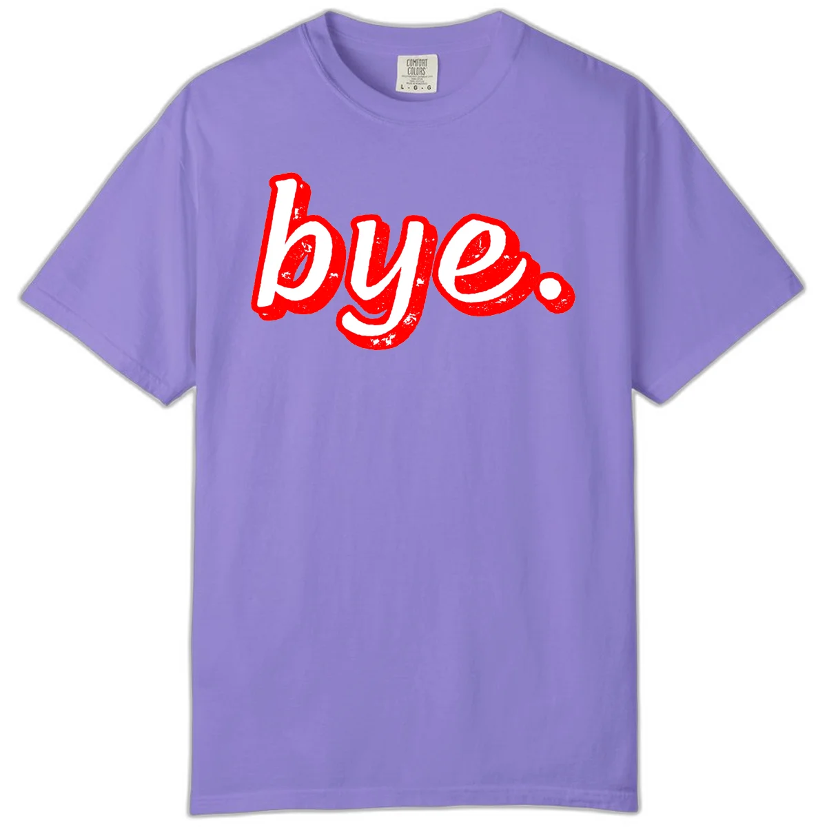 Bold red graffiti-style 'bye.' text with distressed texture and white lettering on gray background in Violet