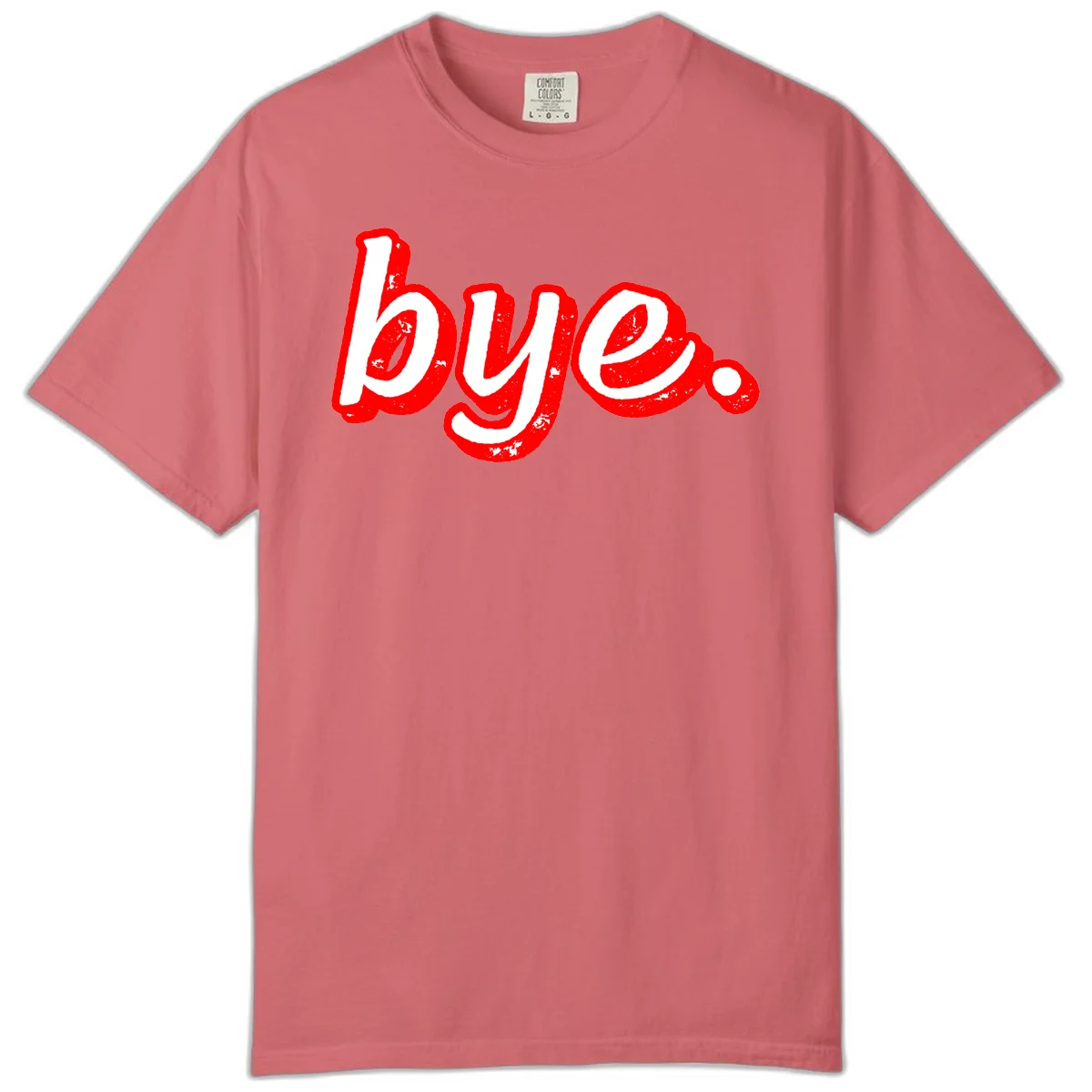 Bold red graffiti-style 'bye.' text with distressed texture and white lettering on gray background in Watermelon