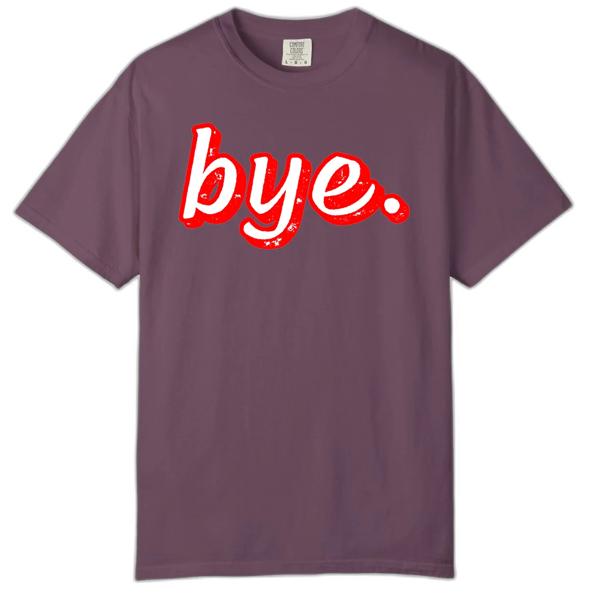 Bold red graffiti-style 'bye.' text with distressed texture and white lettering on gray background in Berry