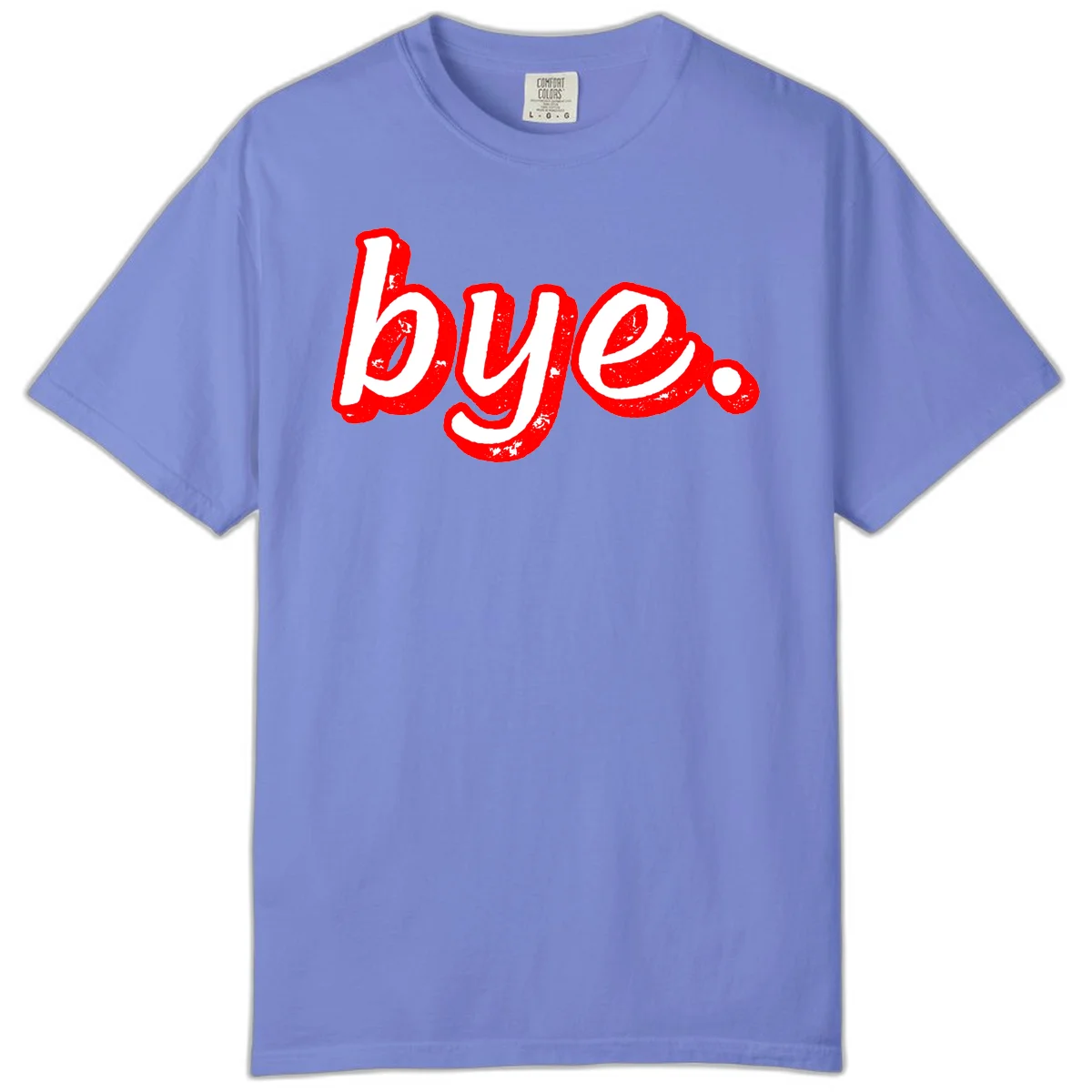 Bold red graffiti-style 'bye.' text with distressed texture and white lettering on gray background in Flo Blue