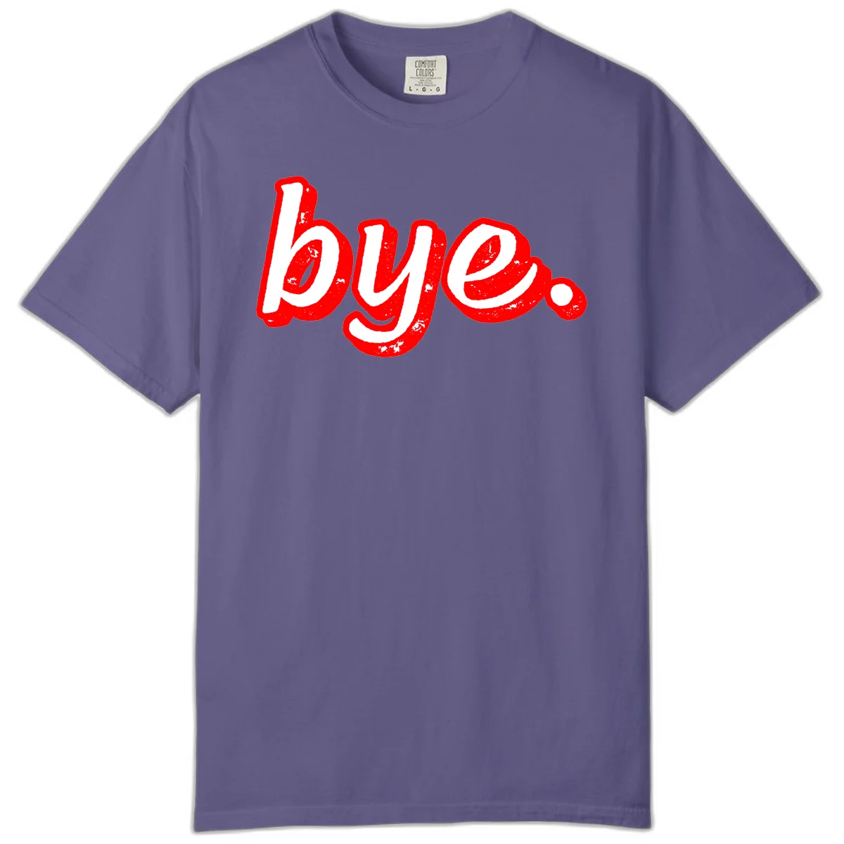 Bold red graffiti-style 'bye.' text with distressed texture and white lettering on gray background in Grape