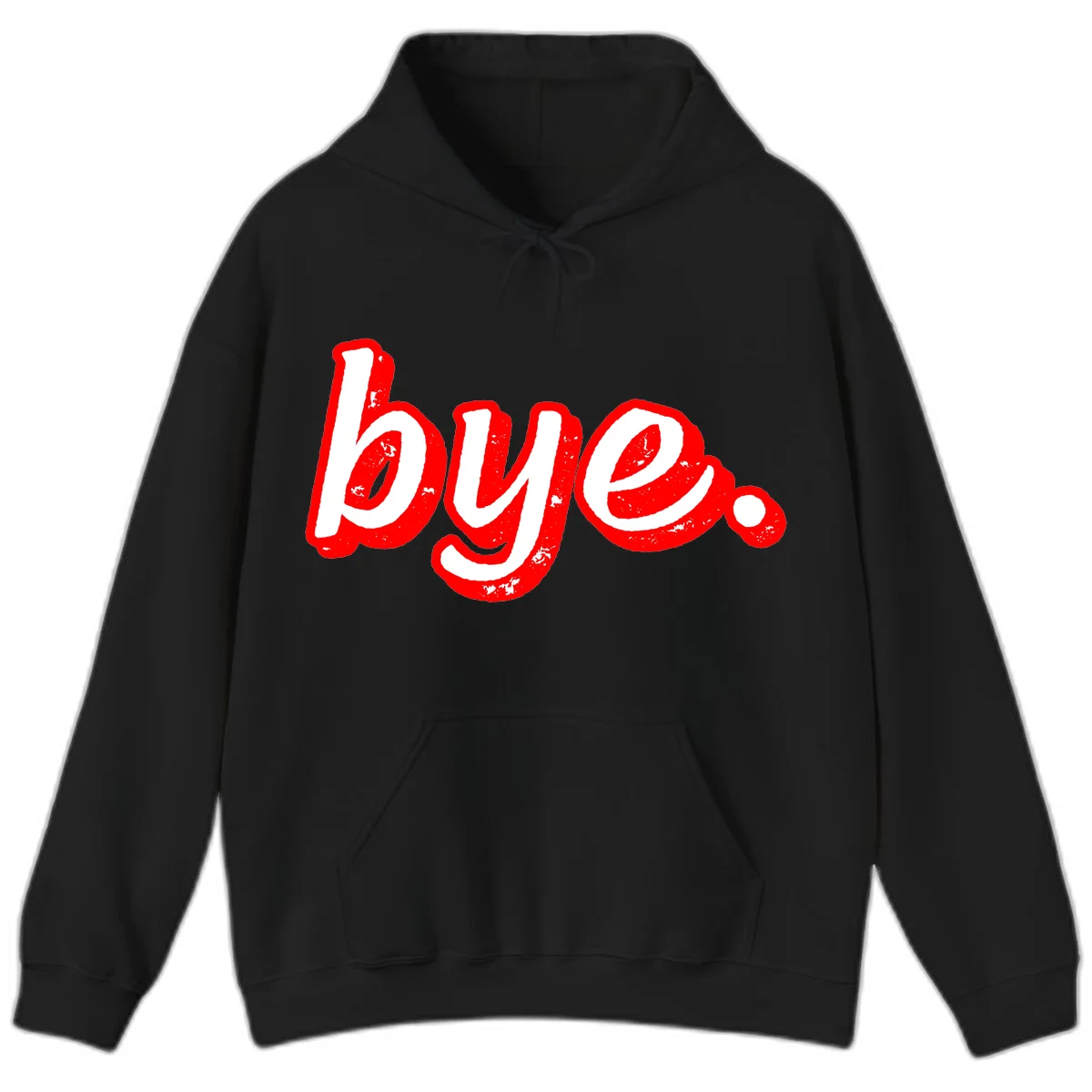 Bold red graffiti-style 'bye.' text with distressed texture and white lettering on gray background in Black